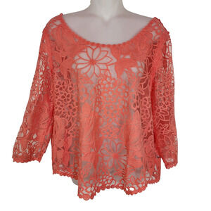 Fever Top Womens Small Sheer Mesh Embroidered Floral Round Neck 3/4 Sleeve Coral